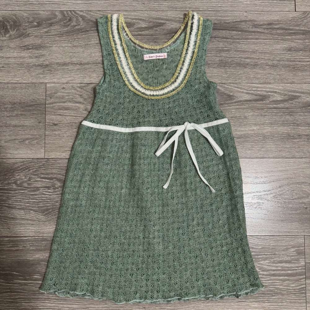 Kami's Fashion Girl's Green Knit Pointelle Mini Dress Lace Trim Ribbon Tie Small